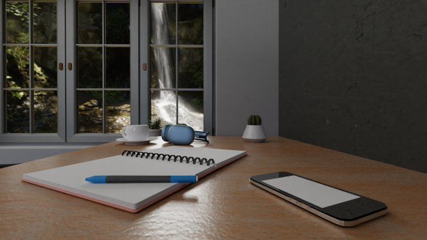 白色的咖啡配着耳机和手机，躺在笔记本旁边拿着笔，进行3d渲染图片下载