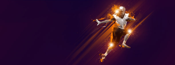 明亮的海报与美国足球运动员在运动和行动与球孤立在黑暗的背景与多边形和流体氖元素。艺术、创意、运动图片下载