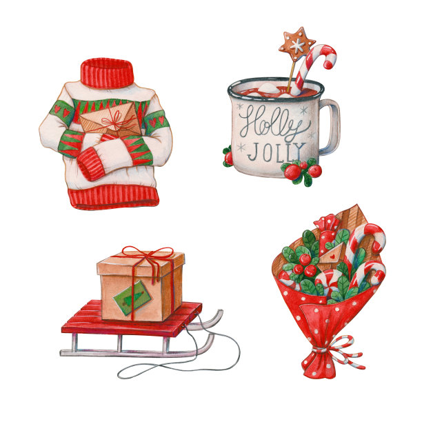 一大杯热巧克力，难看的毛衣，糖果，还有雪橇上的礼物图片下载