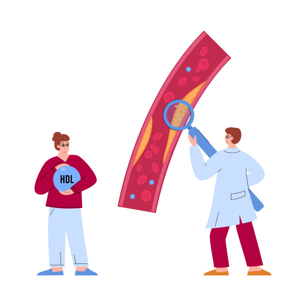 医生正在用放大镜观察动脉中的胆固醇，白色背景上孤立的平面矢量图。图片下载