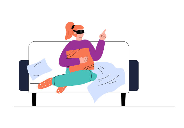 女人坐在沙发上戴着VR眼镜，平面矢量图孤立在白色背景。图片下载