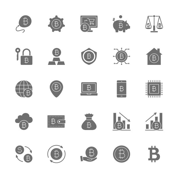 比特币和加密货币灰色图标的集合。48x48像素图标包图片下载
