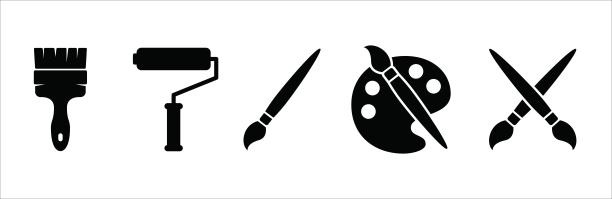 绘制工具矢量图标集。辊画家图标。水彩调色板和画笔矢量插图。装饰，墙壁工作和艺术的象征。扁平化简约的设计风格。图片下载