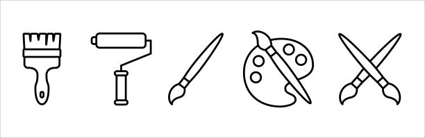 绘制工具矢量图标集。辊画家图标。水彩调色板和画笔矢量插图。装饰，墙壁工作和艺术的象征。轮廓的设计风格。图片下载