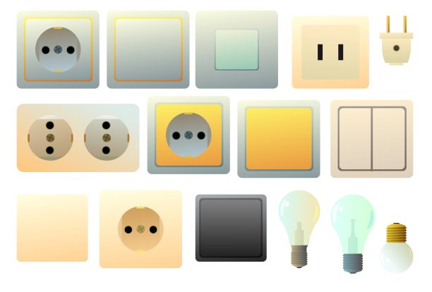 一套家用网络电器。插座、开关和灯泡。电工工作的备件。孤立在白色背景。向量图片下载