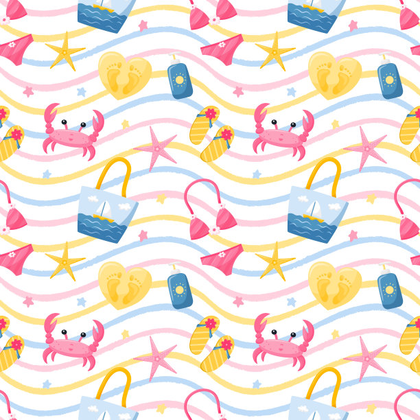 夏季无缝图案螃蟹，海滩配件，包，泳衣和防晒霜，人字拖。明亮的矢量插图在一个平面卡通风格的白色背景与彩色纹理波。图片下载