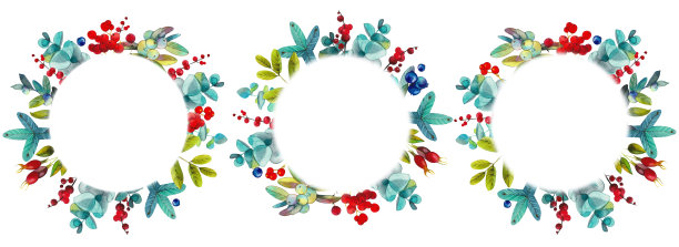 新年，圣诞节的装饰品:花环，由冬天的树枝，鲜花和浆果做成的圆形框架。用于出版物、标签、明信片。水彩手绘图片下载