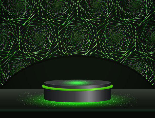 矢量舞台绿色圆点螺旋背景与几何黑色圆形平台设计图片下载