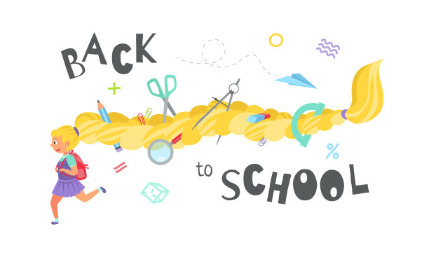 回到学校。一个女学生跑去上课，她的长发上有各种文具。教育理念与铭文。矢量平面插图图片下载