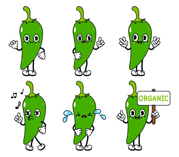 有趣可爱的绿辣椒辣椒人物包集。矢量手绘涂鸦风格传统卡通复古，复古字符插图图标设计。孤立的白色背景。红辣椒图片下载