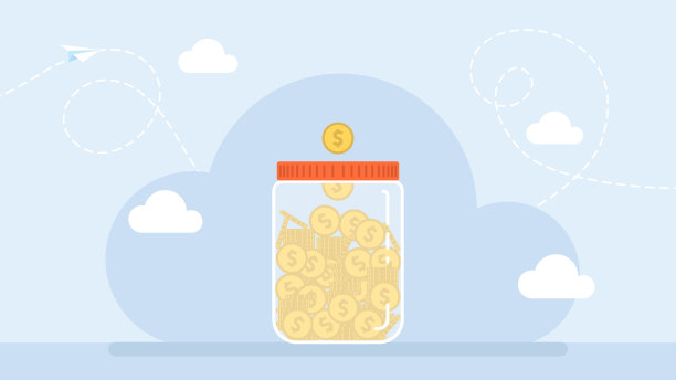 省钱的概念。金币装在有盖的透明玻璃罐里。存钱的储钱罐。Jar和钱。汉德把一枚金币放进一个玻璃储蓄罐。平坦的插图。向量图片下载
