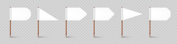 现实的各种牙签旗。木制牙签配白纸旗。位置标记，地图指针。广告和促销的空白模型。矢量图图片下载