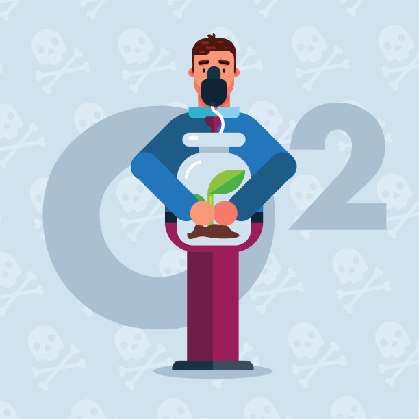 氧气瓶短缺的男人用植物和口罩吸入空气，悲伤拯救环境卡通海报向量图片下载