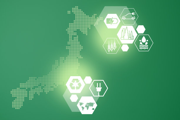 节能的概念。能源创新与未来工业发电图标图形界面。绿色背景的日本互动地图图片下载