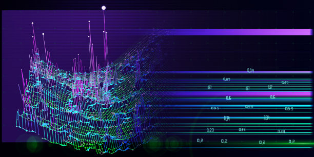 抽象背景与弯曲颜色网格和数据。分析三维算法的视觉展示屏幕。大数据。横幅为商业，科学和技术数据分析表示。图片下载