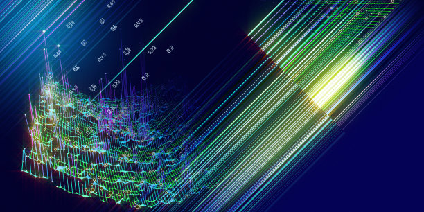 抽象背景与弯曲颜色网格和数据上的黑色。分析三维算法的视觉展示屏幕。横幅为商业，科学和技术数据分析表示。大数据。图片下载