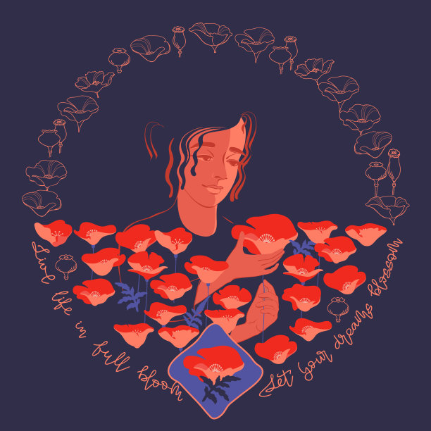 女人的肖像与红色的花朵在蓝色。矢量插图。图片下载