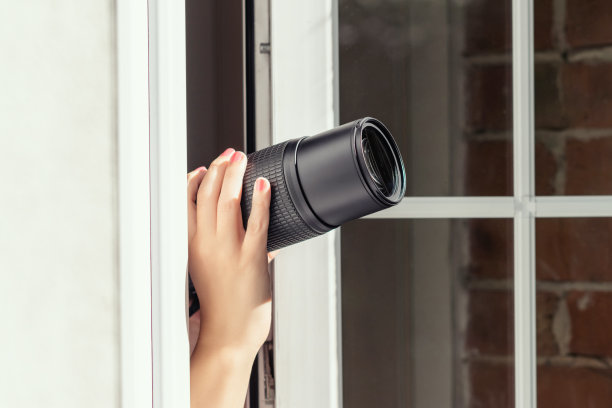 女人与变焦镜头相机拍摄微距照片通过打开窗口的自然，鸟类，动物。图片下载