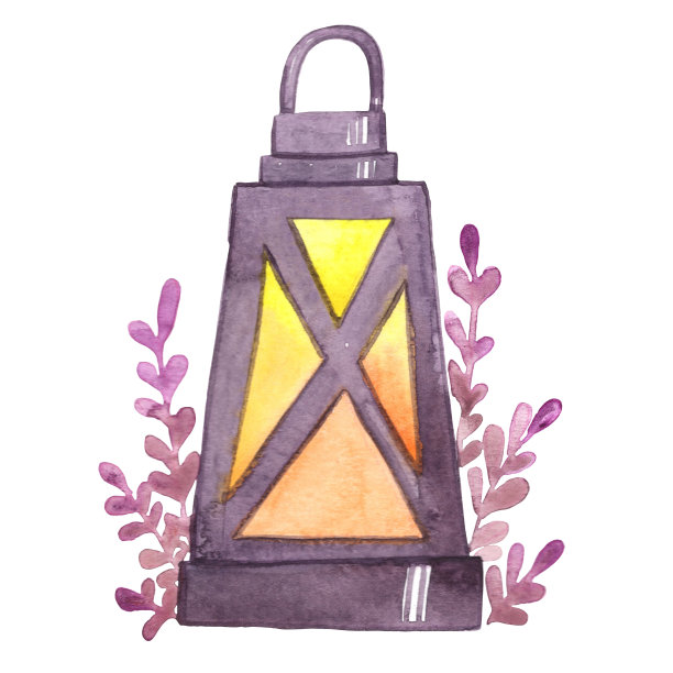 灯与蕨类树叶水彩装饰在浪漫的秋夜。图片下载