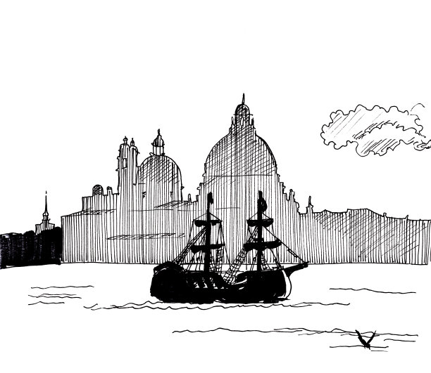 威尼斯的天际线，旅行素描，黑白图形。图片下载