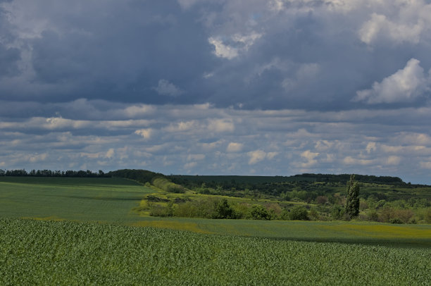 狂风暴雨的天空笼罩着一望无际的春天草原。图片下载
