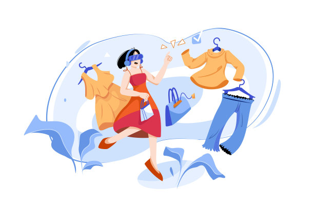 戴着VR眼镜的女人在元世界里拥有3D购物体验。图片下载