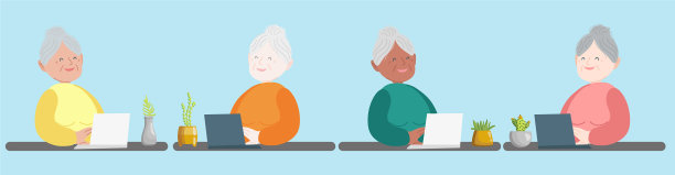 收集4个快乐奶奶与笔记本电脑坐在图片下载