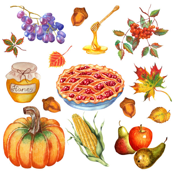 感恩节放南瓜，樱桃派，苹果和图片下载
