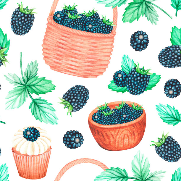 黑莓收获无缝图案。水彩插图。孤立在白色背景上。图片下载