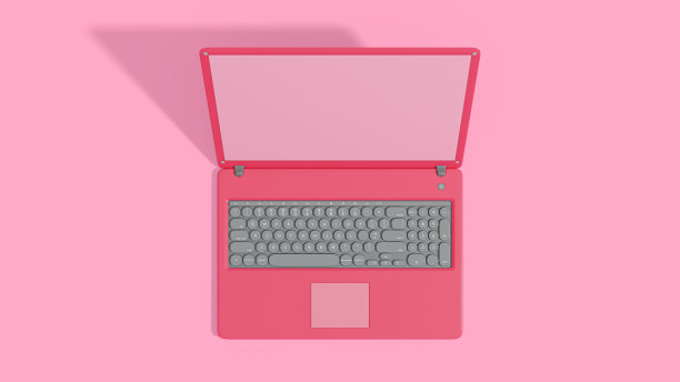 粉色笔记本空显示俯视图。孤立的计算机模型。图片下载