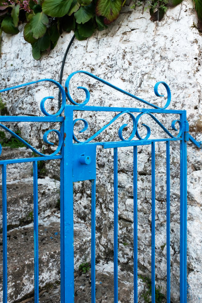 石阶上的蓝色铁门。图片下载