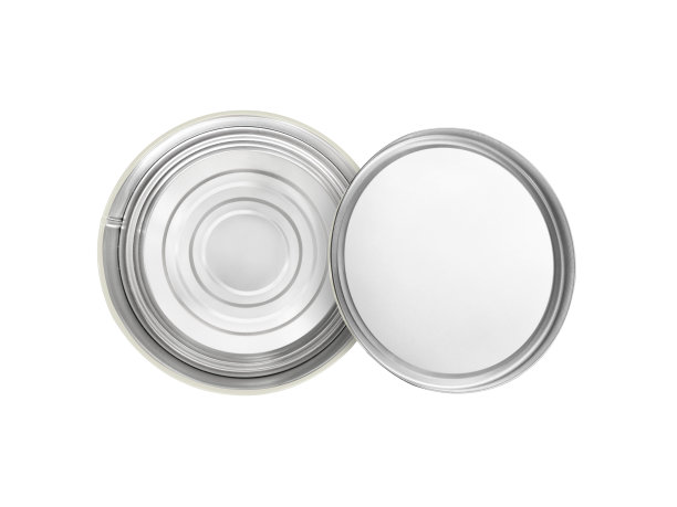 白色背景上孤立的敞开式圆形金属盒的俯视图图片下载