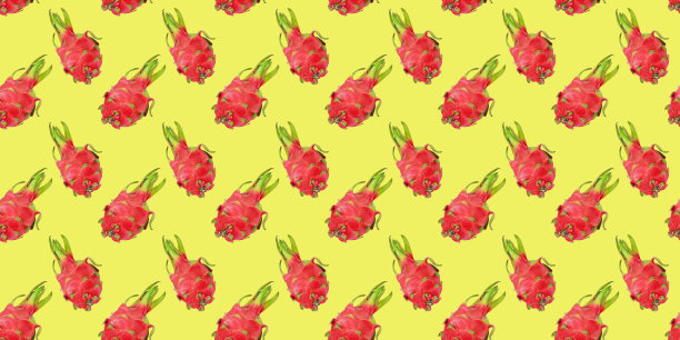 无缝图案的龙果在明亮的黄色背景墙纸，织物或包装纸图片下载