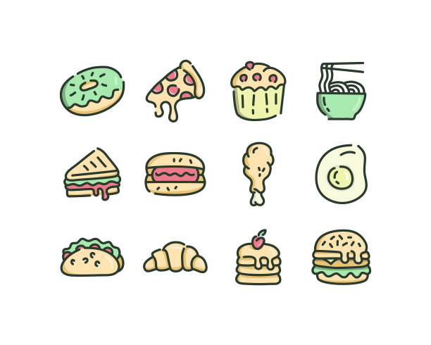 向量插图的快餐图标包装与彩色图标图片下载