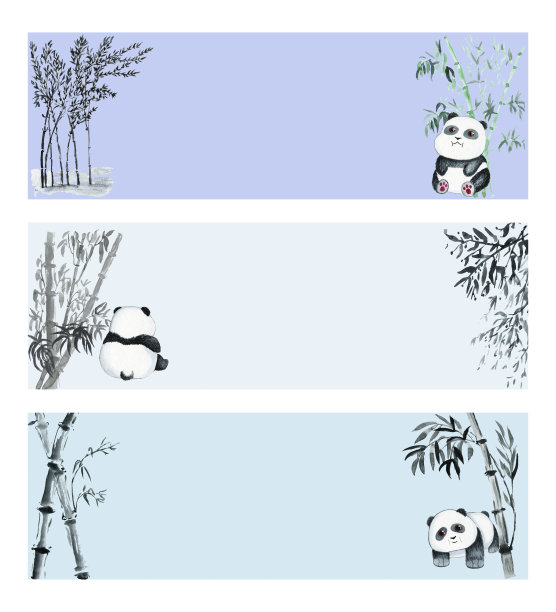 水彩日式插画海报：熊猫、鸟、鱼和日式海浪图案背景图片下载