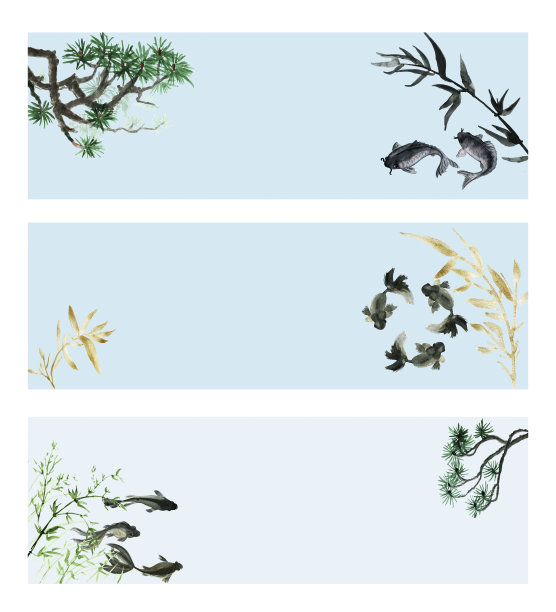 水彩日式插画海报：熊猫、鸟、鱼和日式海浪图案背景图片下载