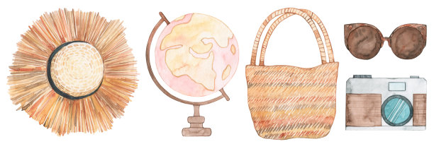 旅行水彩。草帽，地球仪，包，眼镜，相机。暑假。孤立在白色背景。图片下载