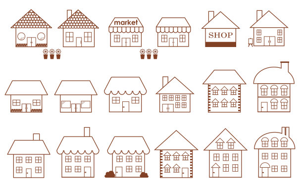 一套用于商店和住宅建筑外部的线条画图标插图图片下载