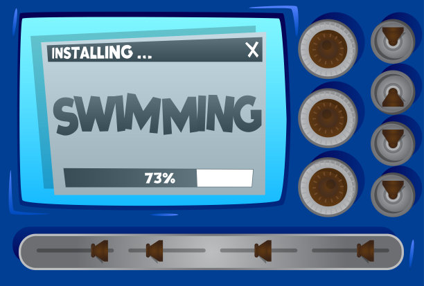 卡通电脑与单词游泳。图片下载