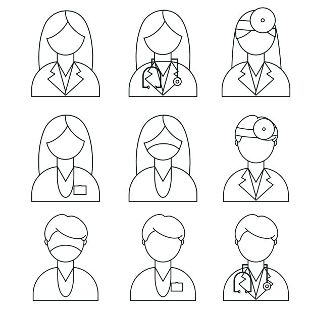 一群穿着制服的医生。男人，女人在平坦的风格。风格线医学图片下载