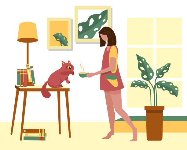 大孤立卡通风格的快乐年轻女子在家里做定期活动保持健康，平面矢量插图图片下载