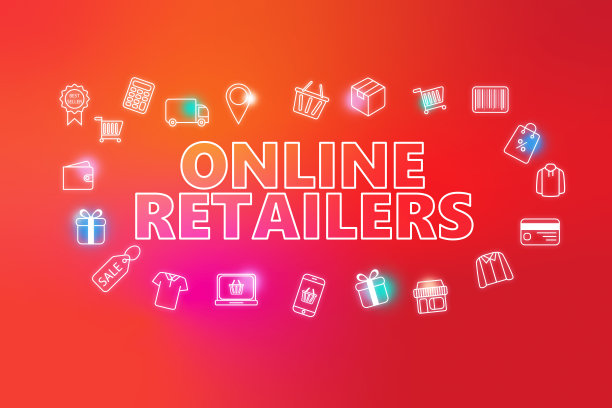 在线零售商-电子商务网站横幅红色背景。各种购物图标。图片下载