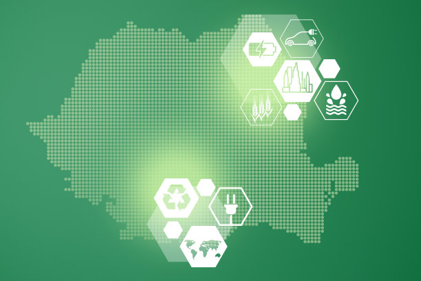 节能的概念。能源创新与未来工业发电图标图形界面。互动地图的罗马尼亚在绿色背景图片下载