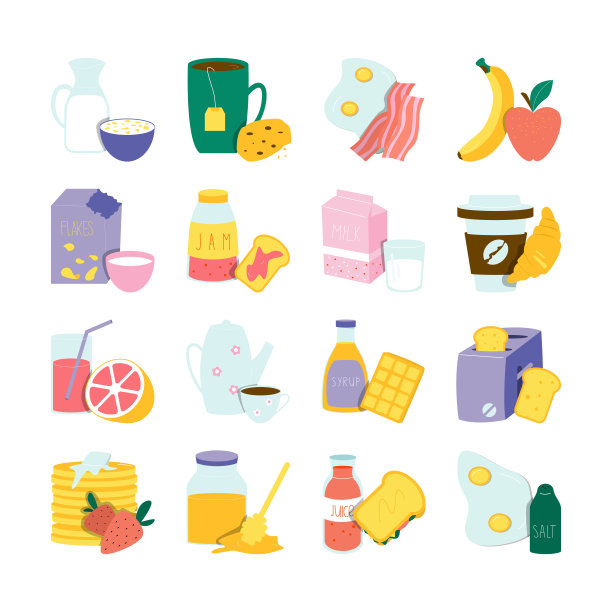 早餐套餐平面矢量插图鸡蛋玉米片煎饼吐司咖啡图片下载