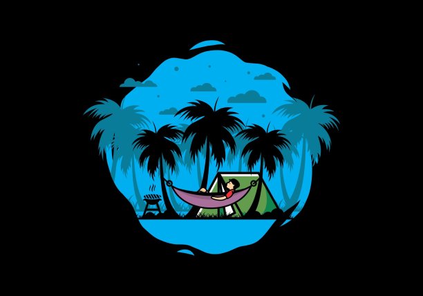 带有椰子树插图的帐篷和吊床图片下载