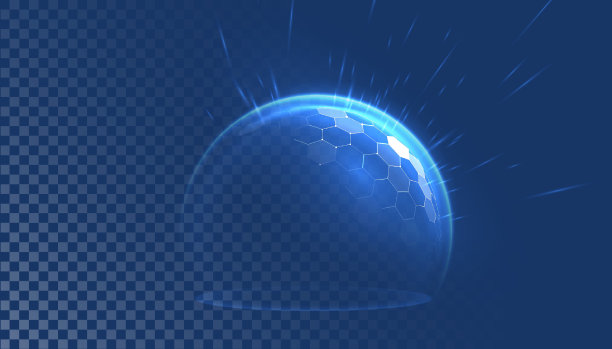 保护盾牌效果在未来的轻型风格。泡沫盾牌在一个抽象的发光风格。元素或模板，用于分隔在蓝色背景上的文本。蓝色背景上的矢量插图。图片下载
