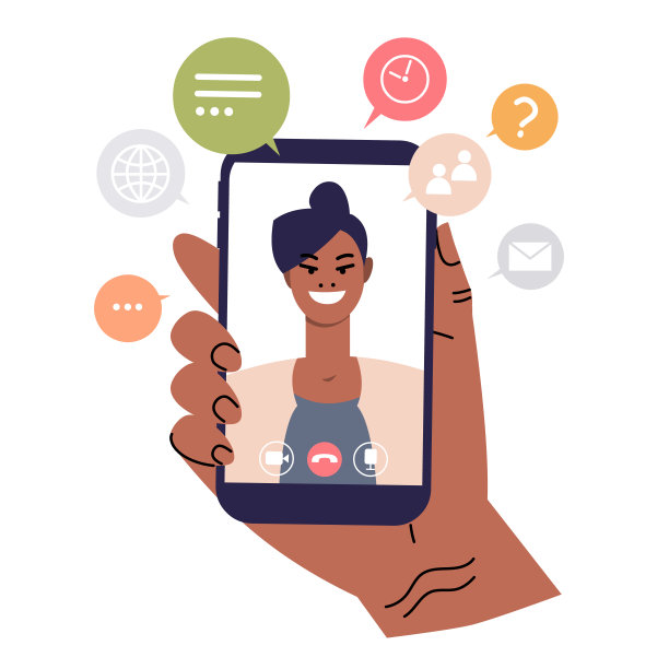 深色皮肤的女人，智能手机屏幕上有泡泡和视频通话图标。男人的手握着电话。概念在线对话、会议、商务会议、视频通讯。图片下载