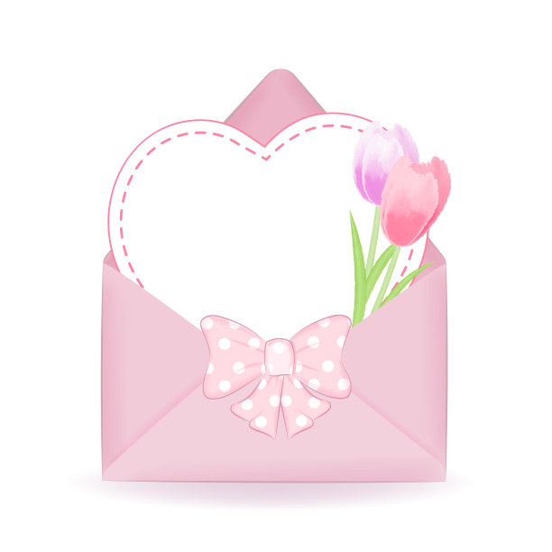 信中的心形和郁金香卡通插画图片下载