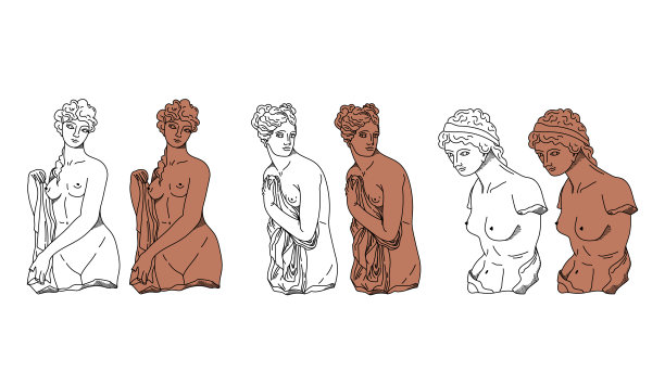优雅的古希腊女神和仙女雕像，矢量黑白和陶土雕塑的女性人物，手绘女性身体孤立剪辑艺术束图片下载