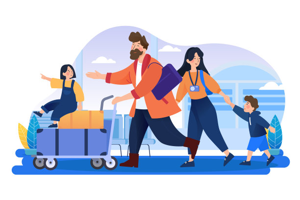 家庭旅行。在机场，父母和孩子们乘飞机去度假。图片下载